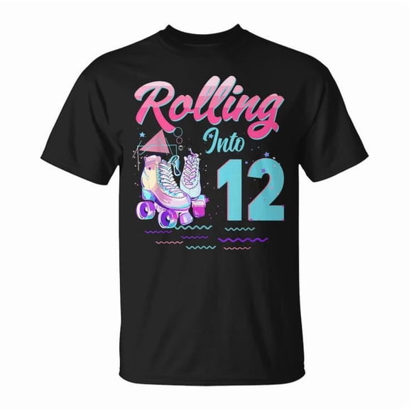 Rolling Into 12 Years Roller Skates Graphic Tee Girls Youth Cotton Shirt for Skating Birthday Party, Fun Casual Outfit, Tween Celebration Gift Idea, Size 3XL, Color Black