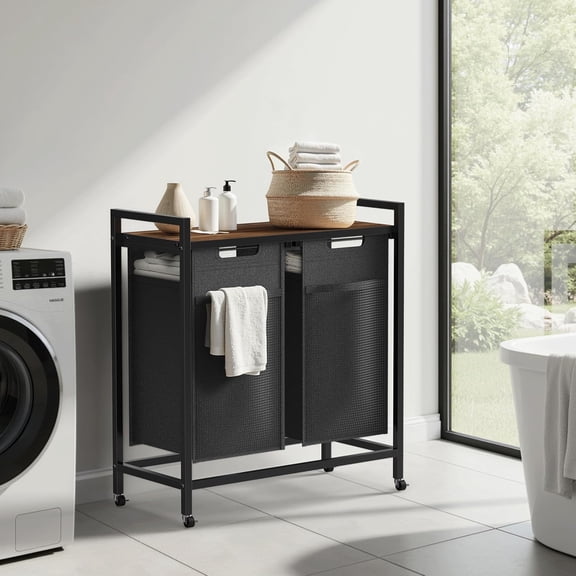 Rolling 2-Compartment Laundry Hamper  85L Basket with Shelf and Pull-Out Bags for Bedroom, Bathroom & Dorm Organization