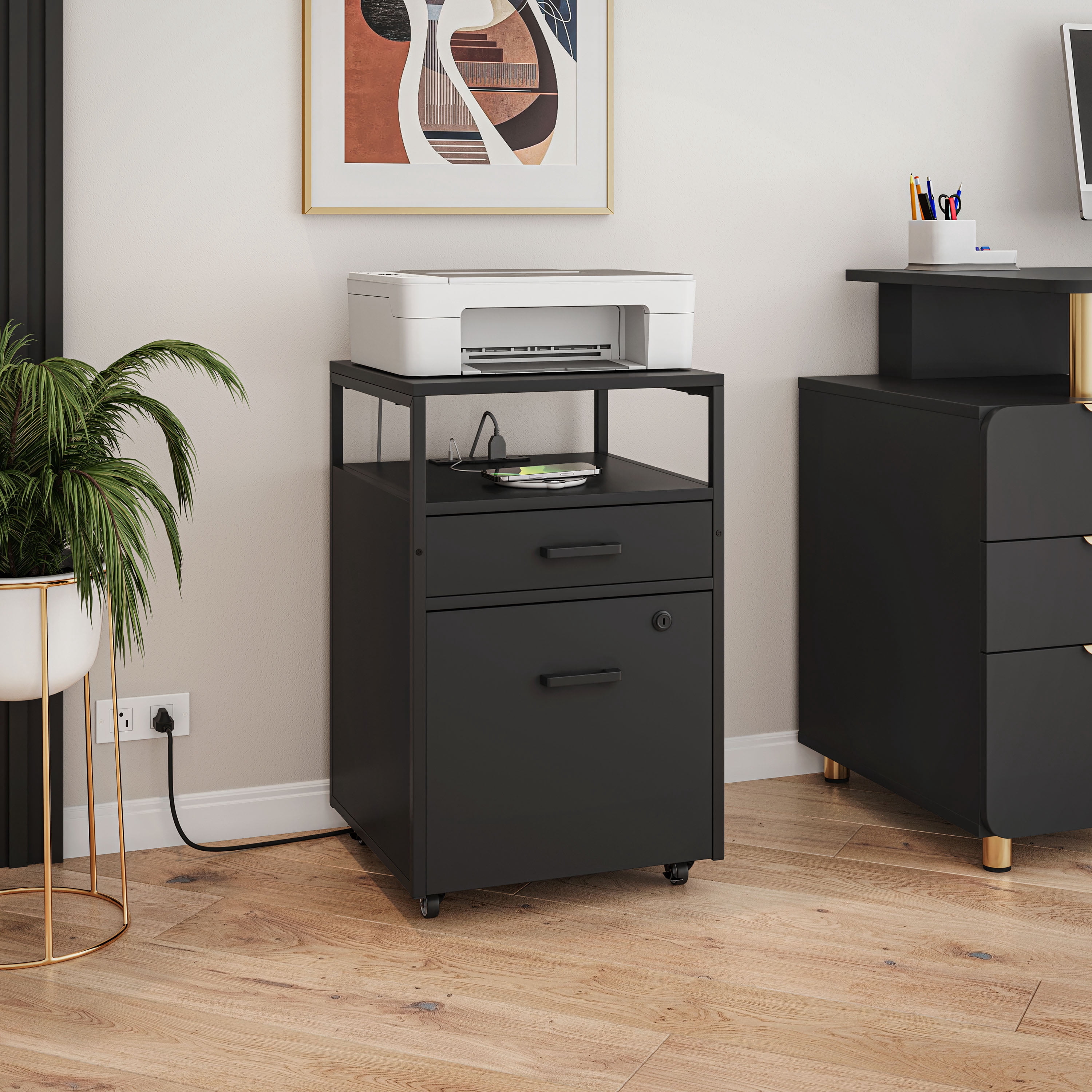 Rolling 2-Drawer File Cabinet with Lockable File Drawer, Built-in Power Outlet & 2 USB Charging Ports, Lockable Casters Mobile Document Storage for Home Office