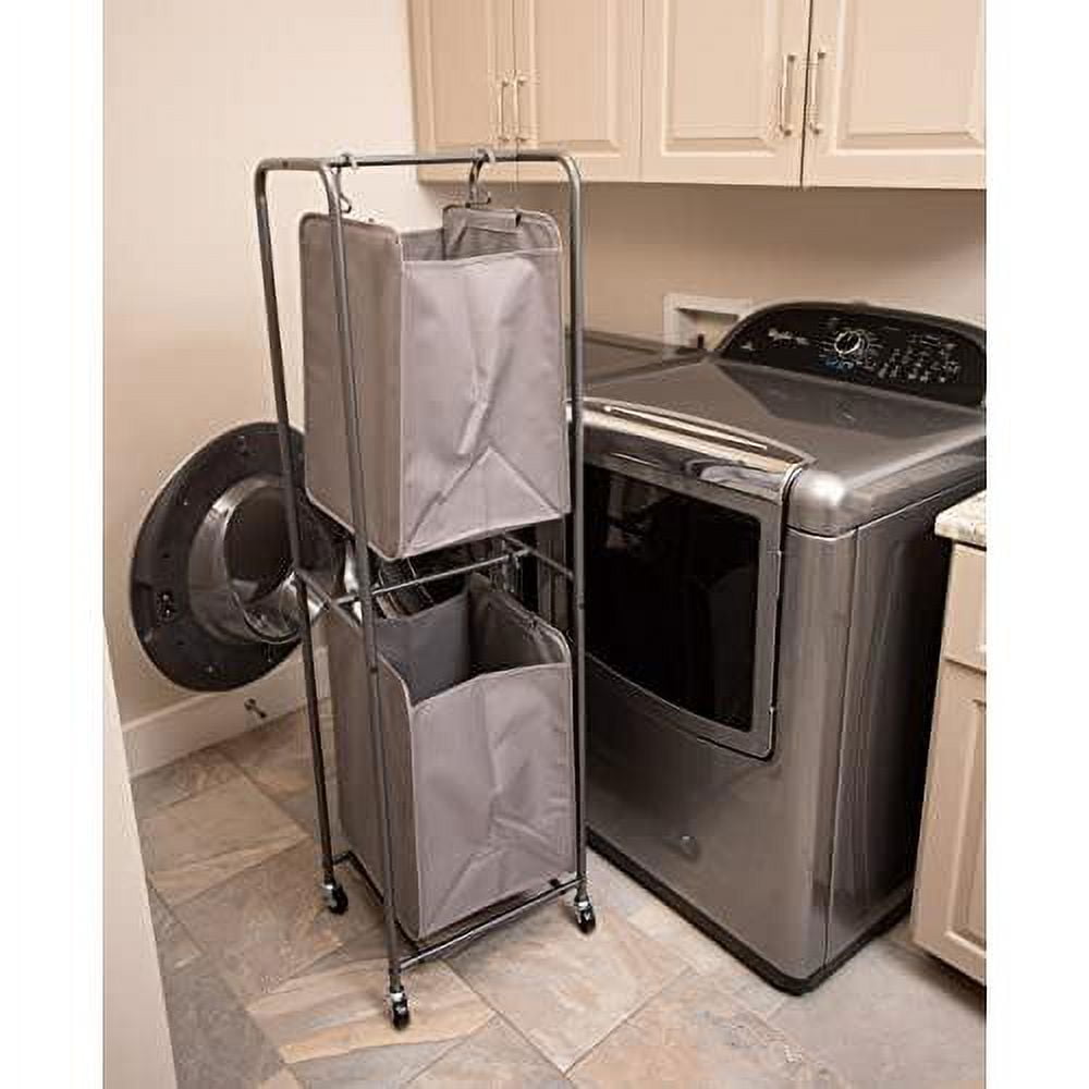 Rolling 2Tier Vertical Laundry Hamper Sorter Grey Cart With Double