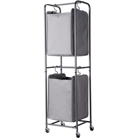Rolling 2-Tier Vertical Laundry Hamper Sorter - Grey - Cart with Double Basket Sections - Four Wheels - Hanging Clothing Bags - Home Organization