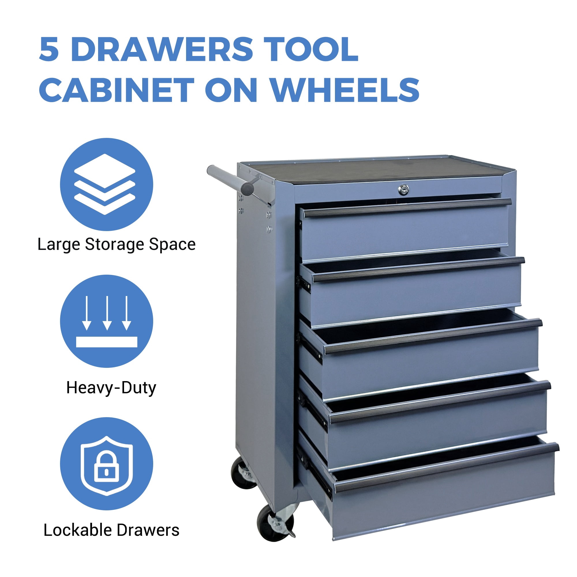 Rolling 20-Inch Metal Tool Chest with 5 Drawers and Ball Bearing Slides, Steel Tool Cabinet for Garage and Workshop, Grey
