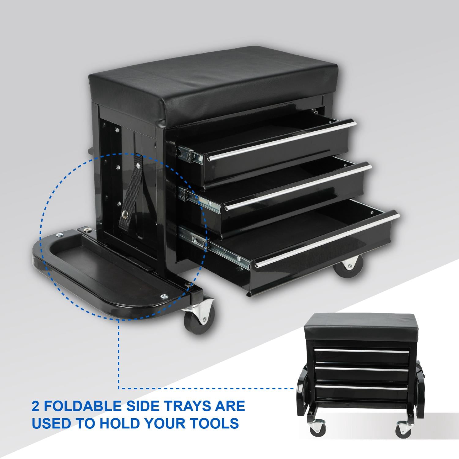 Rolling 3-Drawer Tool Chest Mechanic Seat with Foldable Side Trays, 350 lb Capacity Stool for Garage and Workshop, Black