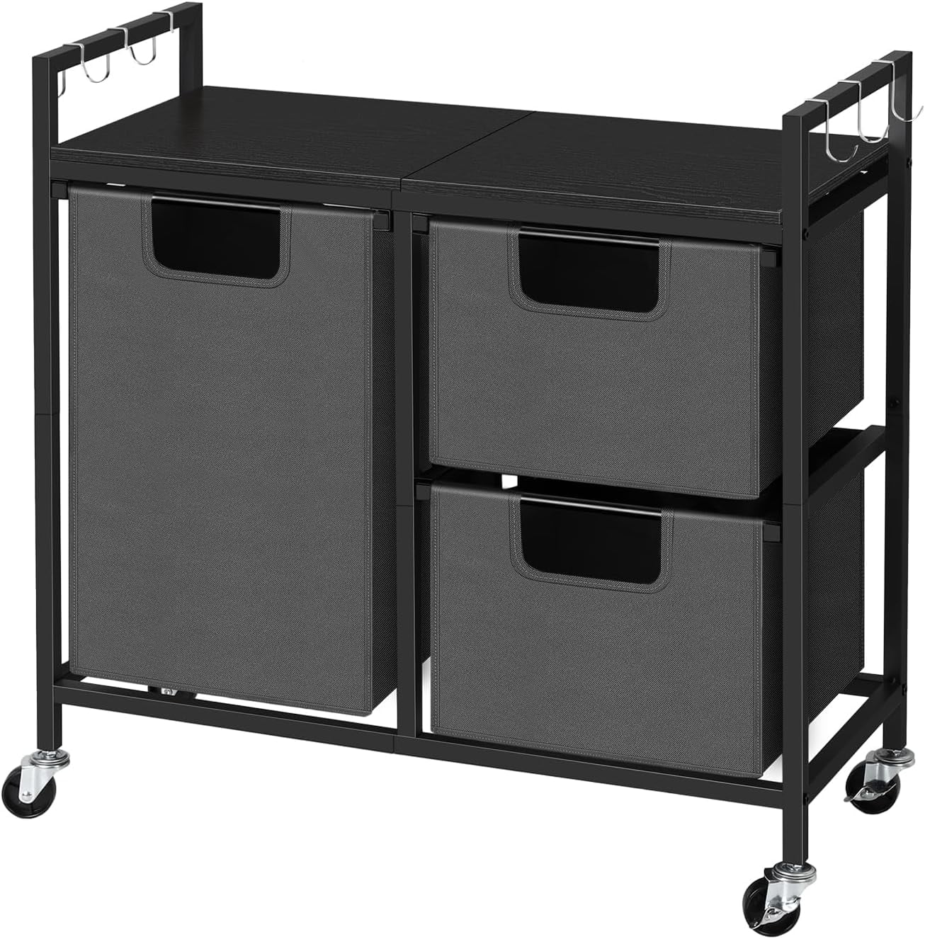 Rolling 3 Section Laundry Hamper Basket with Removable Gray Bags and Black Wood Shelf