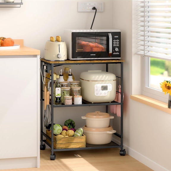 Rolling 3-Tier Microwave Cart with Power Outlet and Storage