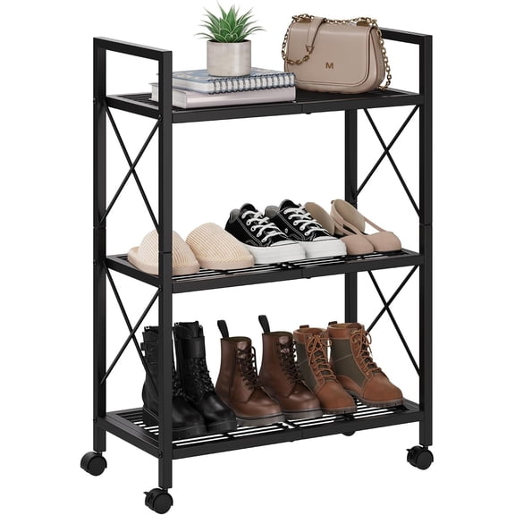 Rolling 3-Tier Shoe Rack Organizer with Wheels, Metal Frame Storage Shelf Cart with Non-Woven Shelves for Entryway Bedroom Living Room Organization