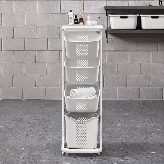 Rolling 4-Tier Laundry Sorter with Removable Baskets, Compact Storage Cart, Classic White Plastic