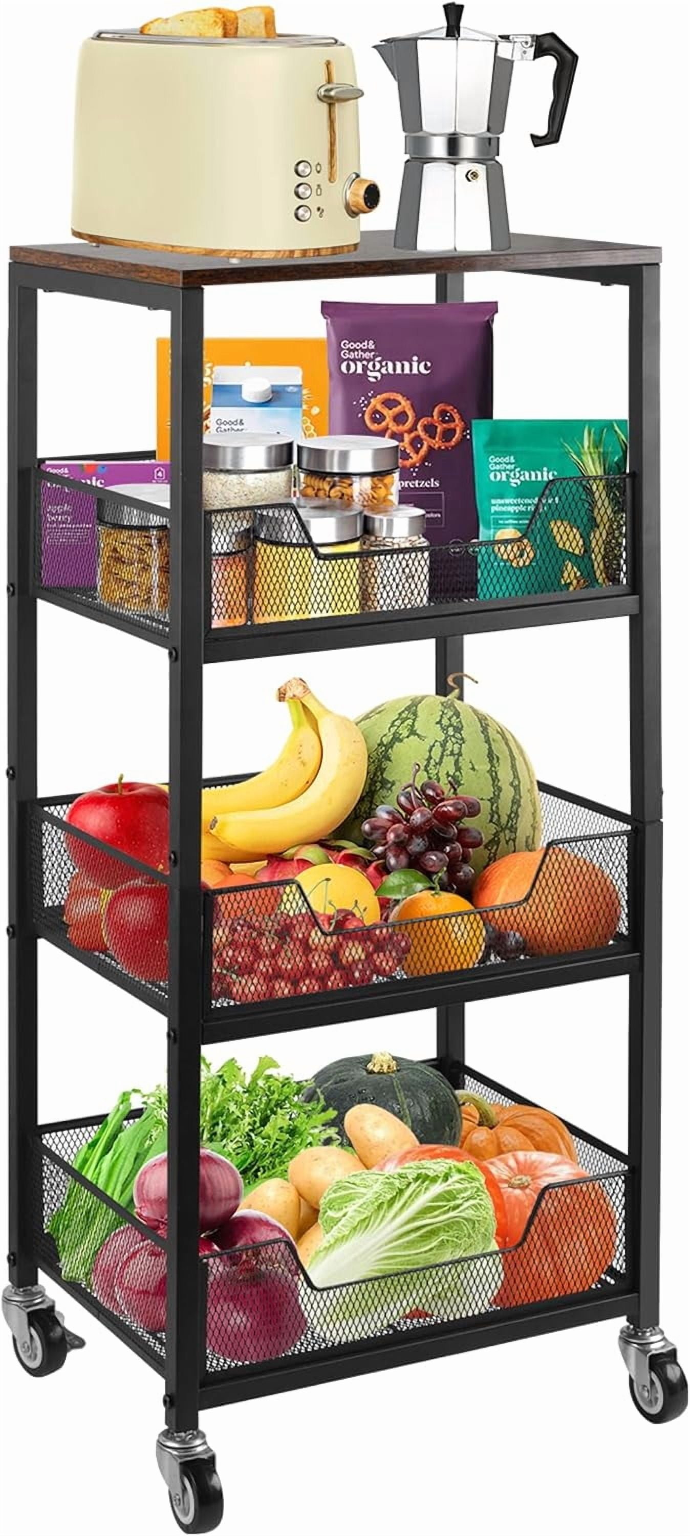 Rolling 4-Tier Storage Cart with Wood Top & Locking Wheels – Metal ...