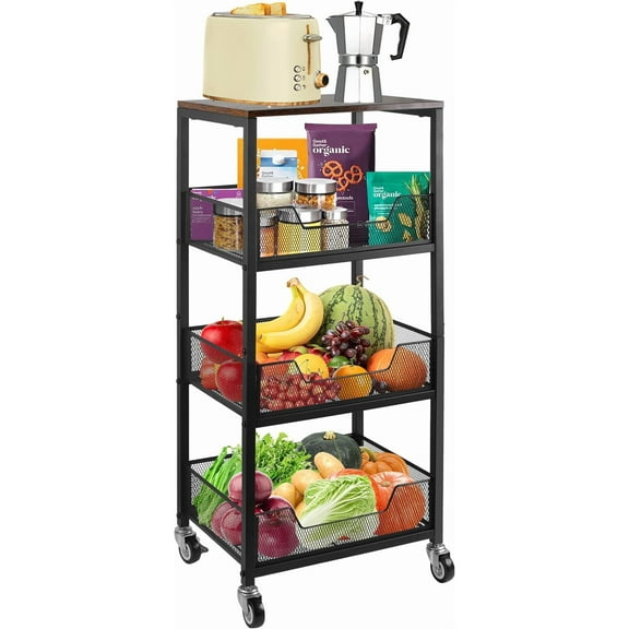 Rolling 4-Tier Storage Cart with Wood Top & Locking Wheels Metal Kitchen Organizer Trolley for Pantry, Bathroom, Office
