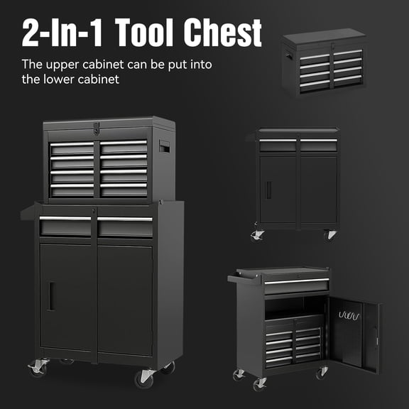 Rolling 5-Drawer Tool Storage Cabinet with 154-Piece Tool Set, Detachable Top Box and Lockable Wheels for Garage, Black