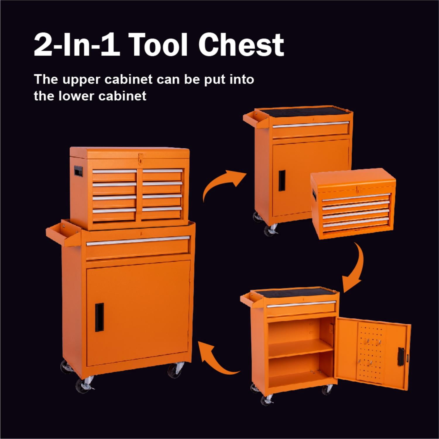 Rolling 5-Drawer Tool Storage Cabinet with Detachable Top Tool Box, Lockable Wheels and Adjustable Shelf for Garage Workshop, Orange