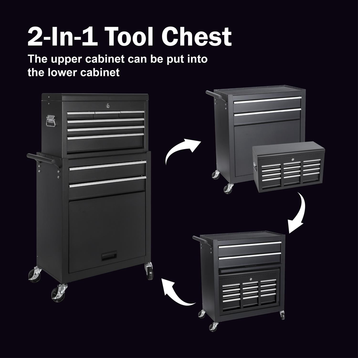Rolling 8-Drawer Tool Storage Cabinet with Detachable Top Tool Box, Lockable Wheels and Side Hooks for Garage Workshop, Black