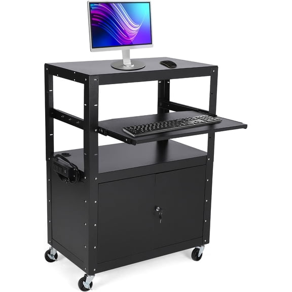 Rolling AV Cart with Locking Cabinet Laptop Stand Height Adjustable Mobile Utility Cart Workstation with Extra Storage Space and Power Strip