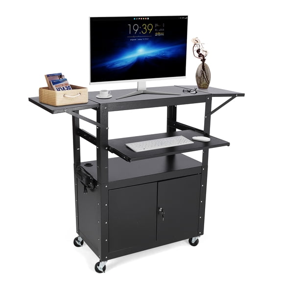 Rolling AV Cart with Locking Cabinet, Laptop Stand, and Drop Leaves, Height Adjustable Mobile Utility Cart Workstation with Extra Storage Space