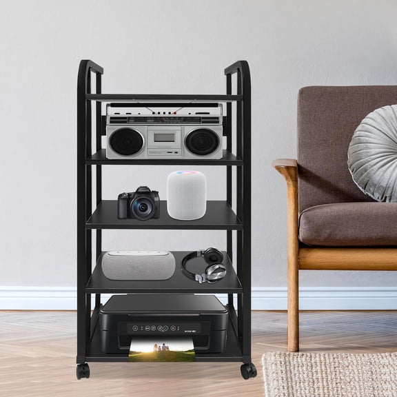 Rolling AV Media Stand 5-Tier Stereo Components Storage Cabinet with Wheels Portable Audio Rack Stand Tower Modern Media Corner Shelf Shelves for Living Room Gaming Recording Room Music Studio, Black