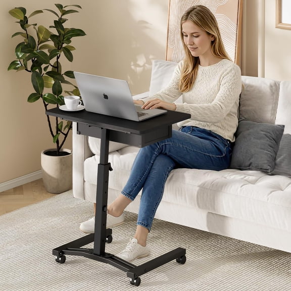 Rolling Adjustable Height Computer Desk With Drawers, Small Mobile Laptop Desk Cart On Wheels For Small Spaces Home Office