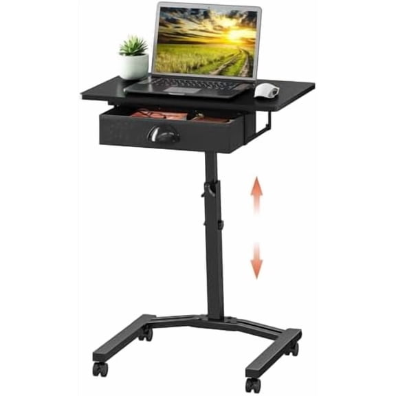 Rolling Adjustable Height Desk for Laptop with Drawers, Small Mobile Laptop Desk Cart On Wheels for Small Spaces Home Office, Portable Sitting Laptop Table for Bed Couch, 360Rotating, Black$$Office