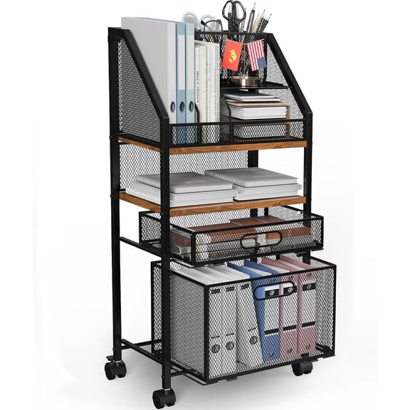 Rolling Art Cart with 2 Drawers Metal Moving Storage Cart with Lockable Wheels Wood&Mesh Rolling File Organizer Filing Cabinets for Home Office Classroom Organization(31 * 15 * 10 Inch)