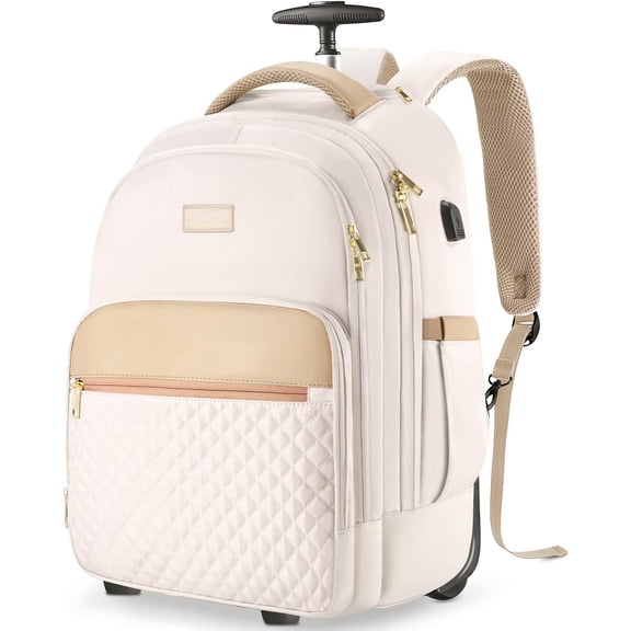 Rolling Backpack For Adults With Wheels, 40L Wheeled Backpack For Women, Travel Roller Backpacks, Carry Luggage, Rolling Bag, Beige