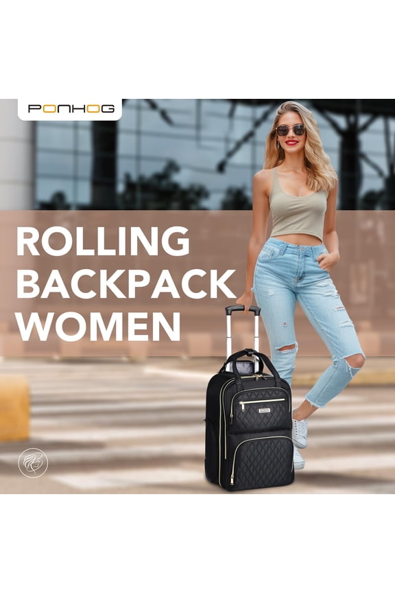 Rolling Backpack for Women, 15.6 Inch Travel Laptop Wheeled Backpack, 30L Roller Carry On Backpack or Adults Business College Work Overnight, Stylish Personal Item, Black