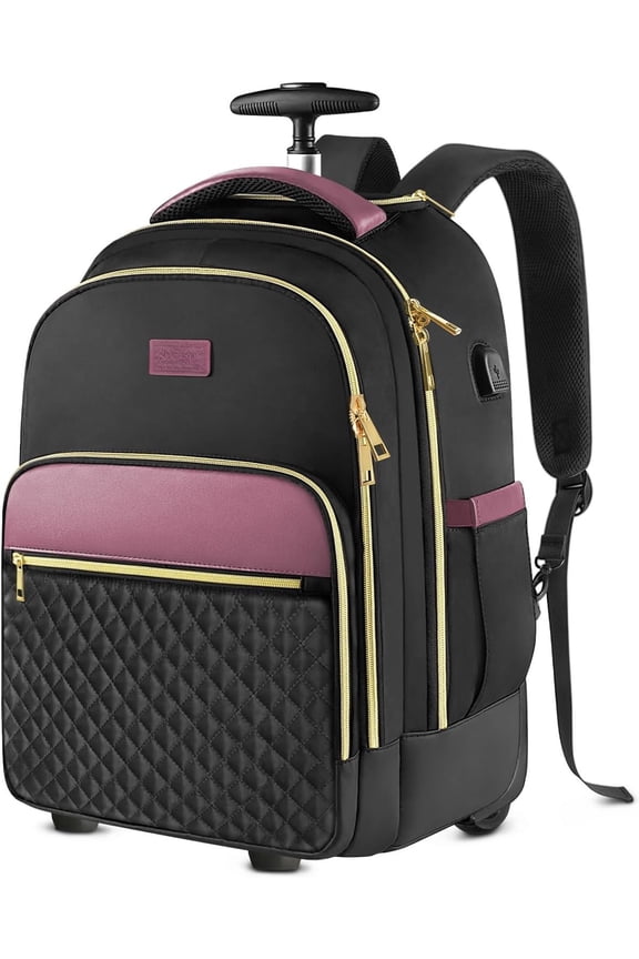 Rolling Backpack for Women, 17 Inch Laptop Backpack With Wheels for Adults, Large Water Resistant Wheeled Carry Luggage Roller Bag, Flight Approved for Work, Travel, College, Black