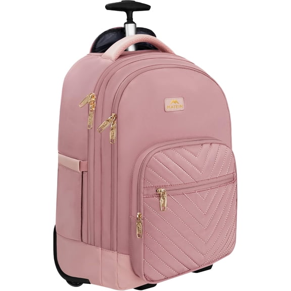 Rolling Backpack for Women, 17 Inch Travel Laptop Backpacks with Wheels, Large Carry On Business Luggage Roller Backpack, Waterproof Trolley Suitcase Overnight College Work Computer Bag, Pink