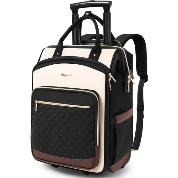 Rolling Backpack for Women, Travel Backpack with Wheels, Dual-Opening Wheeled Laptop Backpack, Stylish Rolling Laptop Bag, Overnight Underseat Carry Luggage for College Business Work, Beige Brown