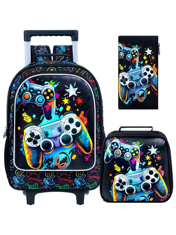 Rolling Backpack for Boys, 3PCS Kids Roller Bookbag with Lunch Bag, Wheeled School Bag for Children - Game Console
