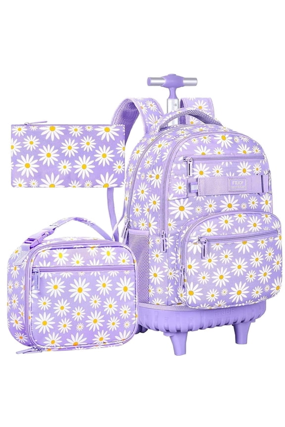 Rolling Backpack for Girls, Women Roller Wheels Bookbag, Laptop Daisy Wheeled School Bag with Wheels for Teens