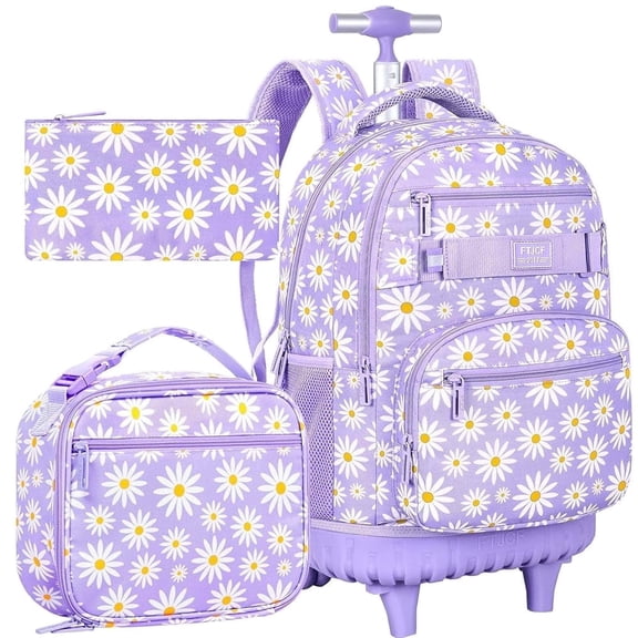 Rolling Backpack for Girls, Women Roller Wheels Bookbag, Laptop Daisy Wheeled School Bag with Wheels for Teens