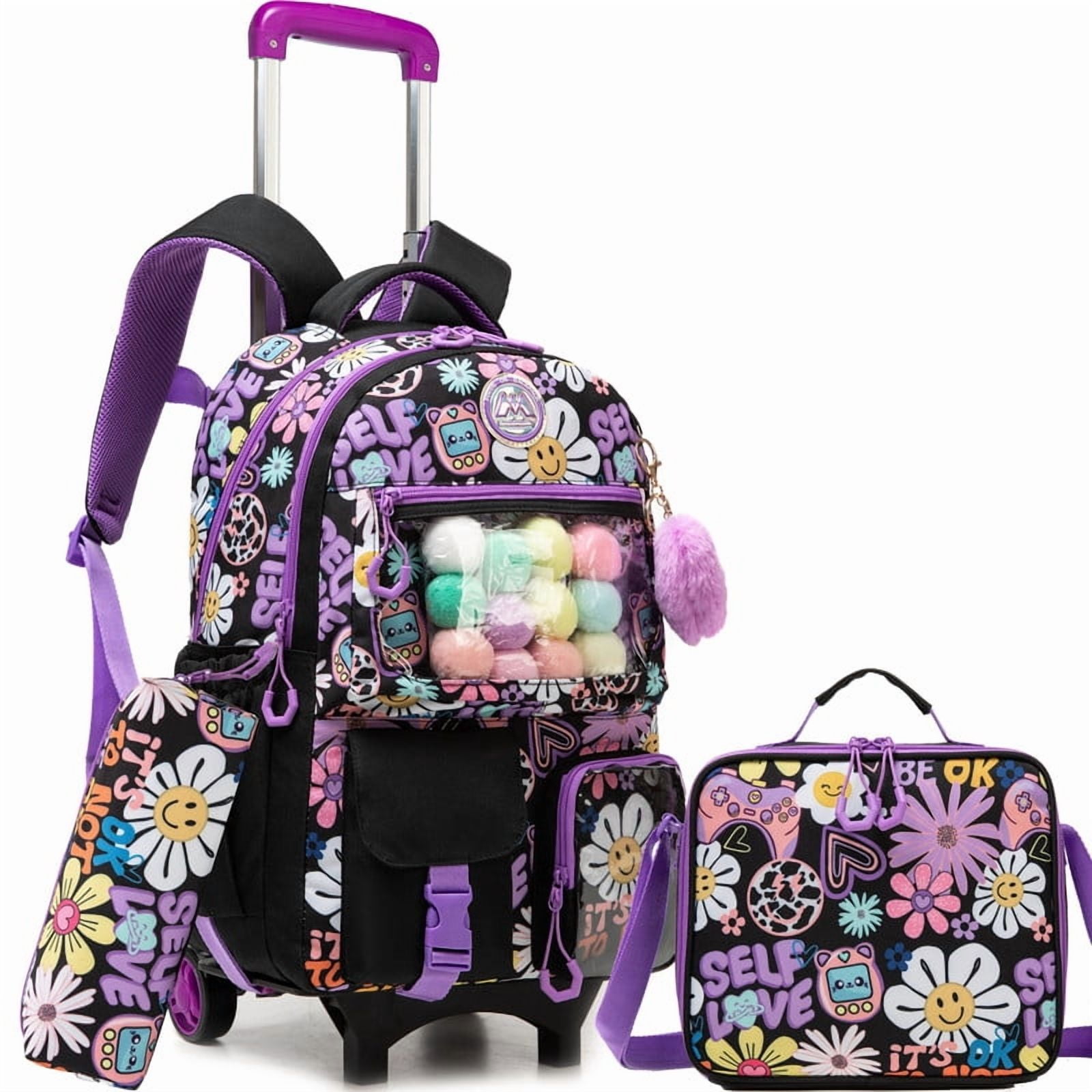 Rolling Backpack for Girls with Wheels School Bookbag with Lunch Box Pencil Case for Elementary Students Carry on Luggage Ages 8-10