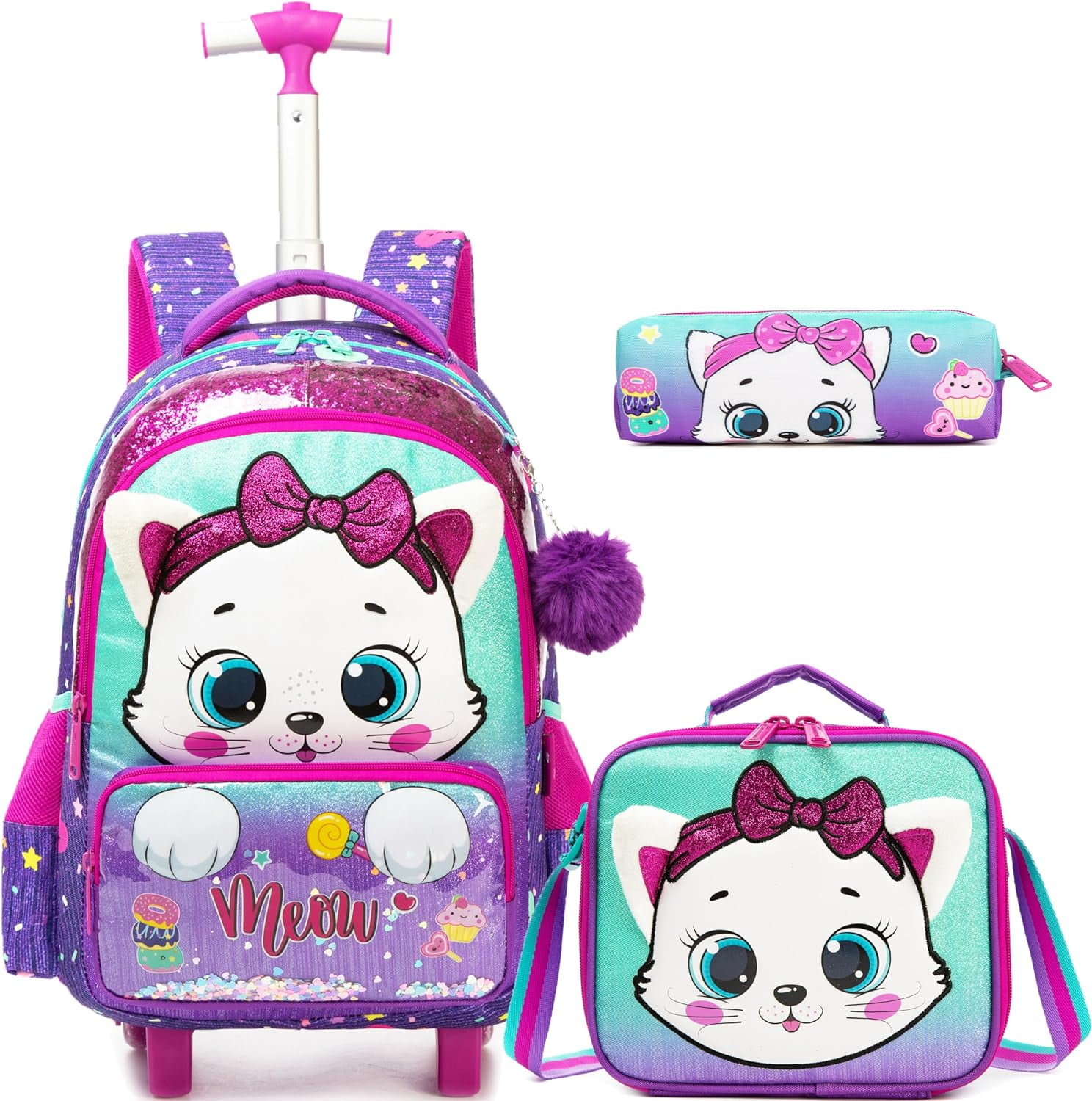 Rolling Backpacks for Girls School Bags Roller Kids Purple Backpack with Lunch Box Pencil Case for Elementary Students Bookbag Ages 6-12