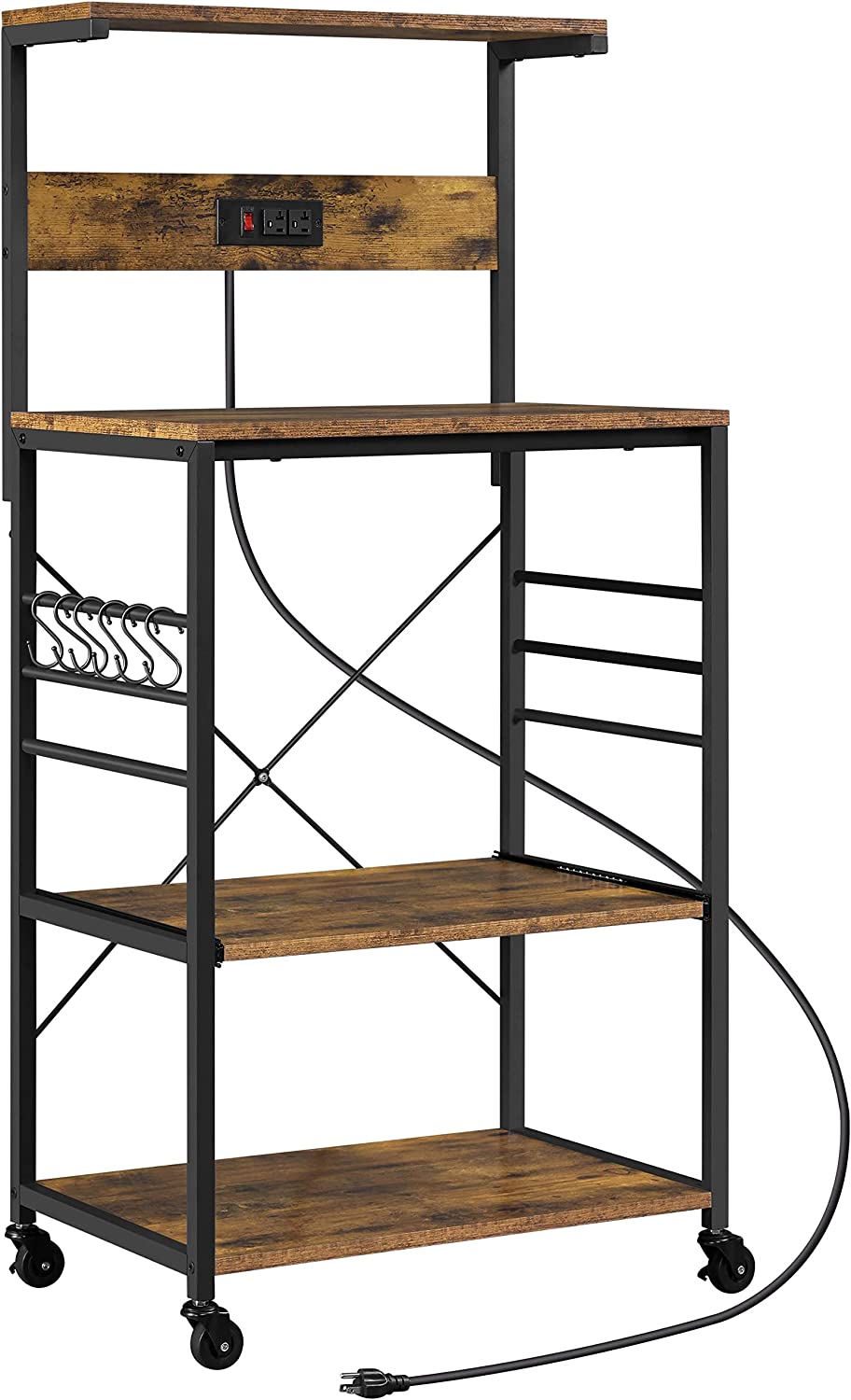 Rolling Bakers Rack with Power Outlet, Coffee Bar Microwave Stand Cart