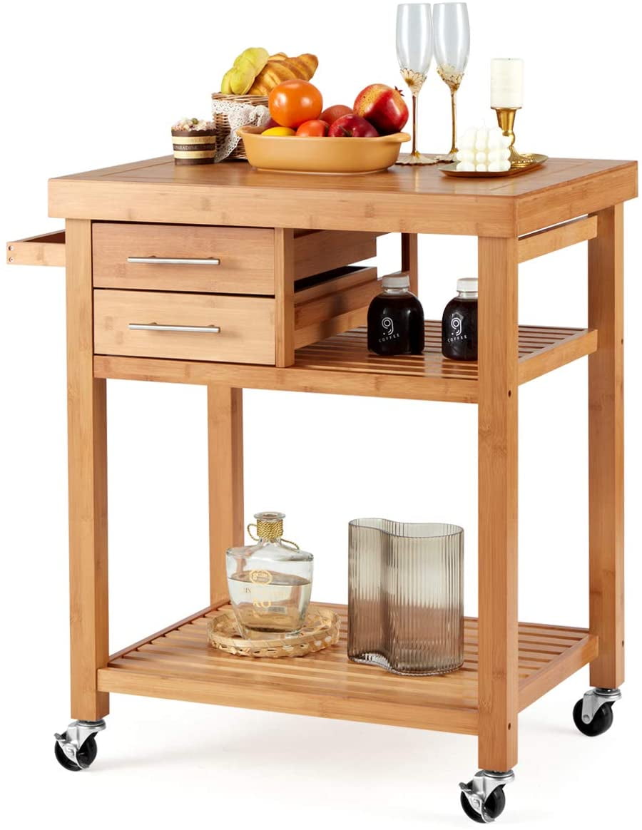 Rolling Bamboo Wood Kitchen Island Cart, MultiPurpose Kitchen Trolley