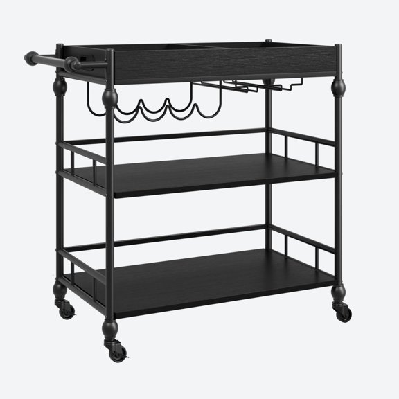 Rolling Bar Cart 3-Tier Mobile Serving Trolley with Wine Rack, Glass Holder & Removable Tray, Industrial Metal Frame for Home, Kitchen, Dining Room