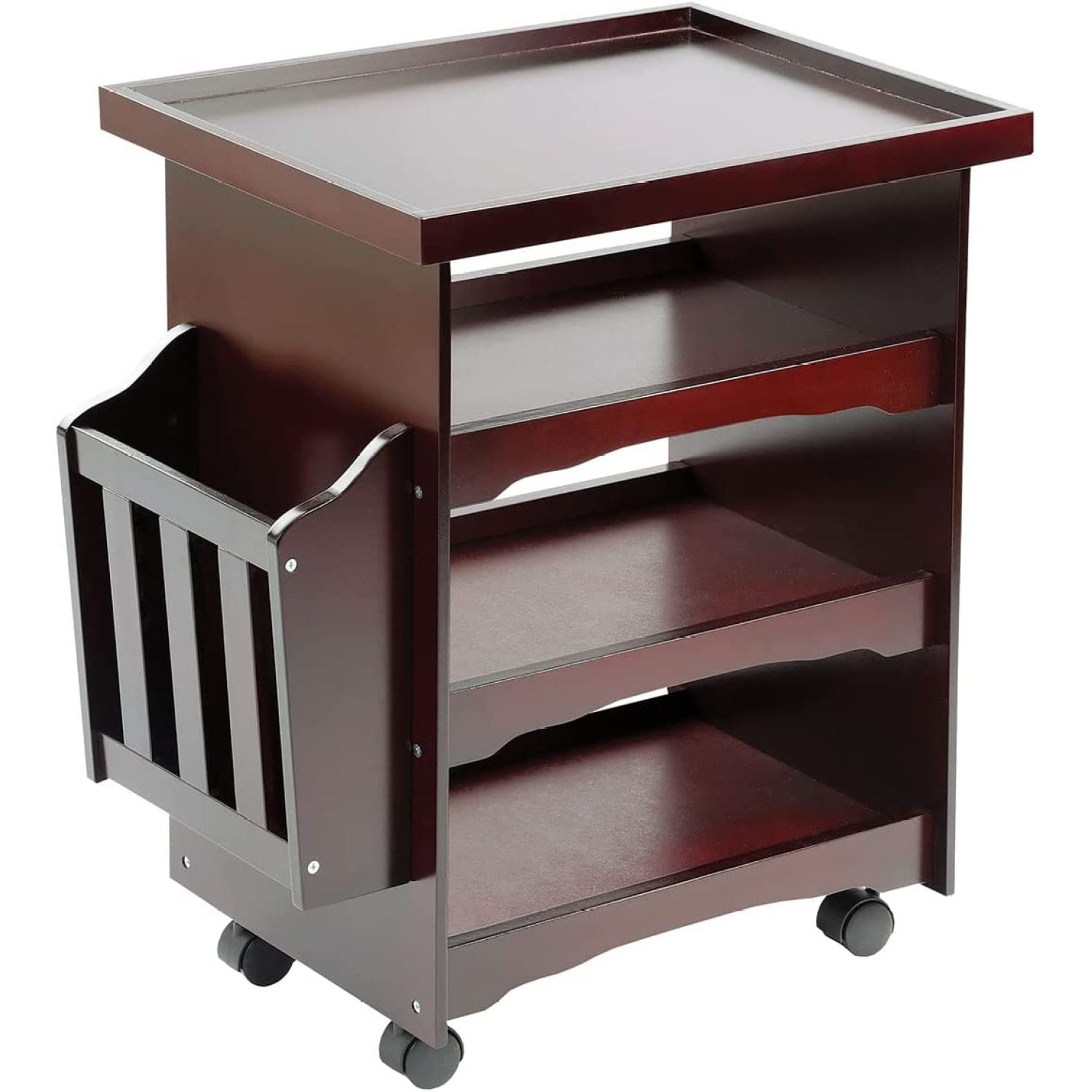 "Rolling Bar Cart, End Table with Wheels, Magazine Rack, Mahogany, 24