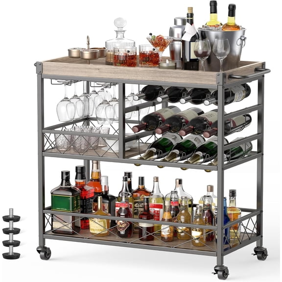 Rolling Bar Cart, a Versatile Beverage Cart with a Removable Tray, 12-Bottle Wine Rack, and Glass Holder, The Bar Cart is Perfect for Kitchen, Dining Room, or Outdoor Use (Gray)