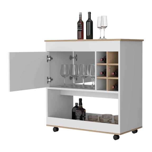 Rolling Bar Cart with 6 Wine Cubbies, Cabinet and Open Shelf