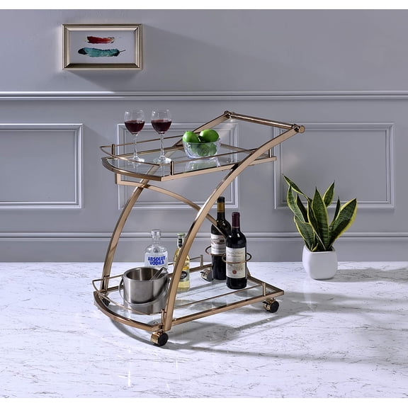 Rolling Bar Serving Cart on Lockable Wheels with 2 Glass Shelves and Wine Rack Holders for Home Kitchen Dining and Living Room - Metal Gold