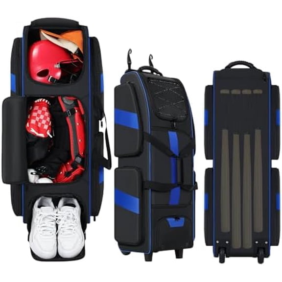 Rolling Baseball Bag with Wheels, Large Catchers Gear Bag for 4 Bats and Equipment,Separate cleats Compartment, Multi-Pockets & Fence Hook, Portable Softball Baseball Bat Bags for Youth Adult
