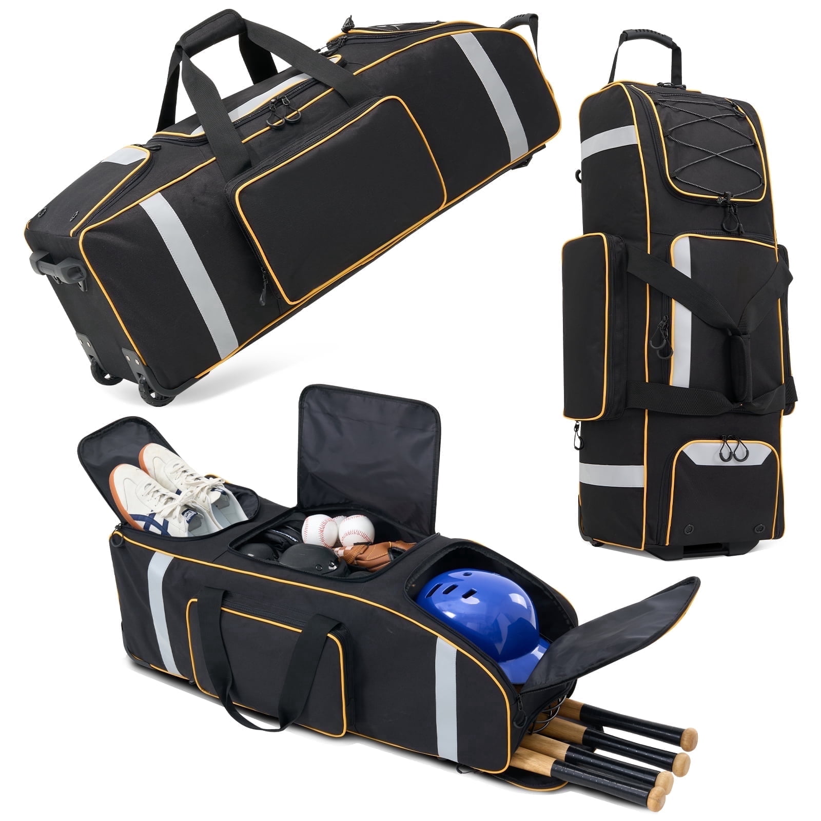 Large Catcher Gear Bag With Wheels, Soft Rolling Baseball Bag for 4 Bats, Portable Baseball Catcher Bag With Wheels, Multi-Pockets, Fence Hook, Holds All Softball Baseball Equipment (36x12x12inch)