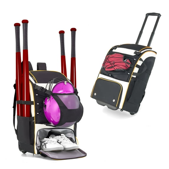 Rolling Baseball Bag with Wheels, Large Capacity Softball Bag Holds 4 Bats for Boys and Girls, Youth Equipment Bag with Rain Cover and Shoe Compartment