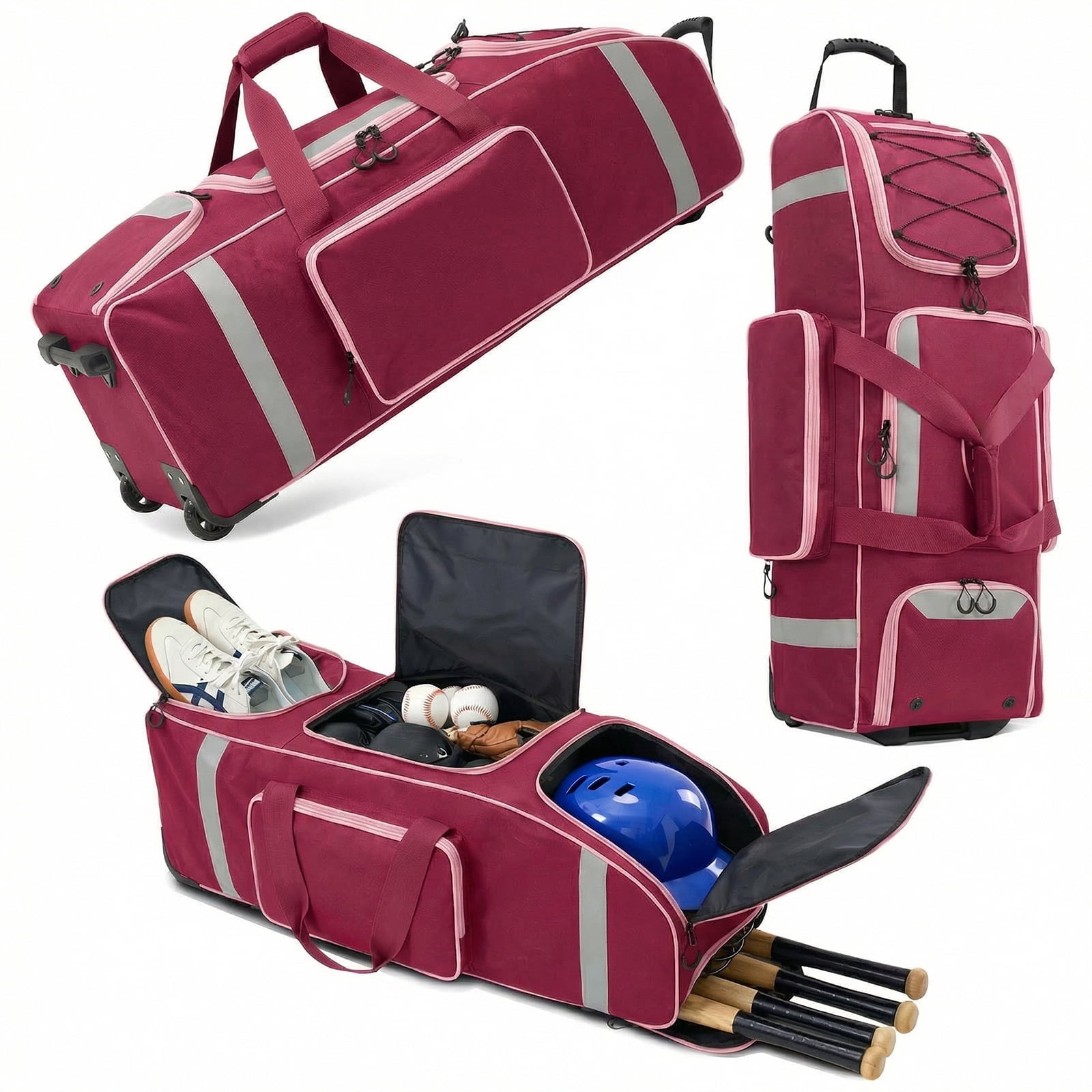 Fegat Large Catcher Gear Bag With Wheels, Soft Rolling Baseball Bag for 4 Bats, Portable Baseball Catcher Bag With Wheels, Multi-Pockets, Fence Hook, Holds All Softball Baseball Equipment