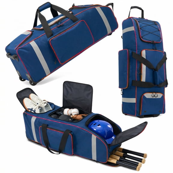 Fegat Large Catcher Gear Bag With Wheels, Soft Rolling Baseball Bag for 4 Bats, Portable Baseball Catcher Bag With Wheels, Multi-Pockets, Fence Hook, Holds All Softball Baseball Equipment