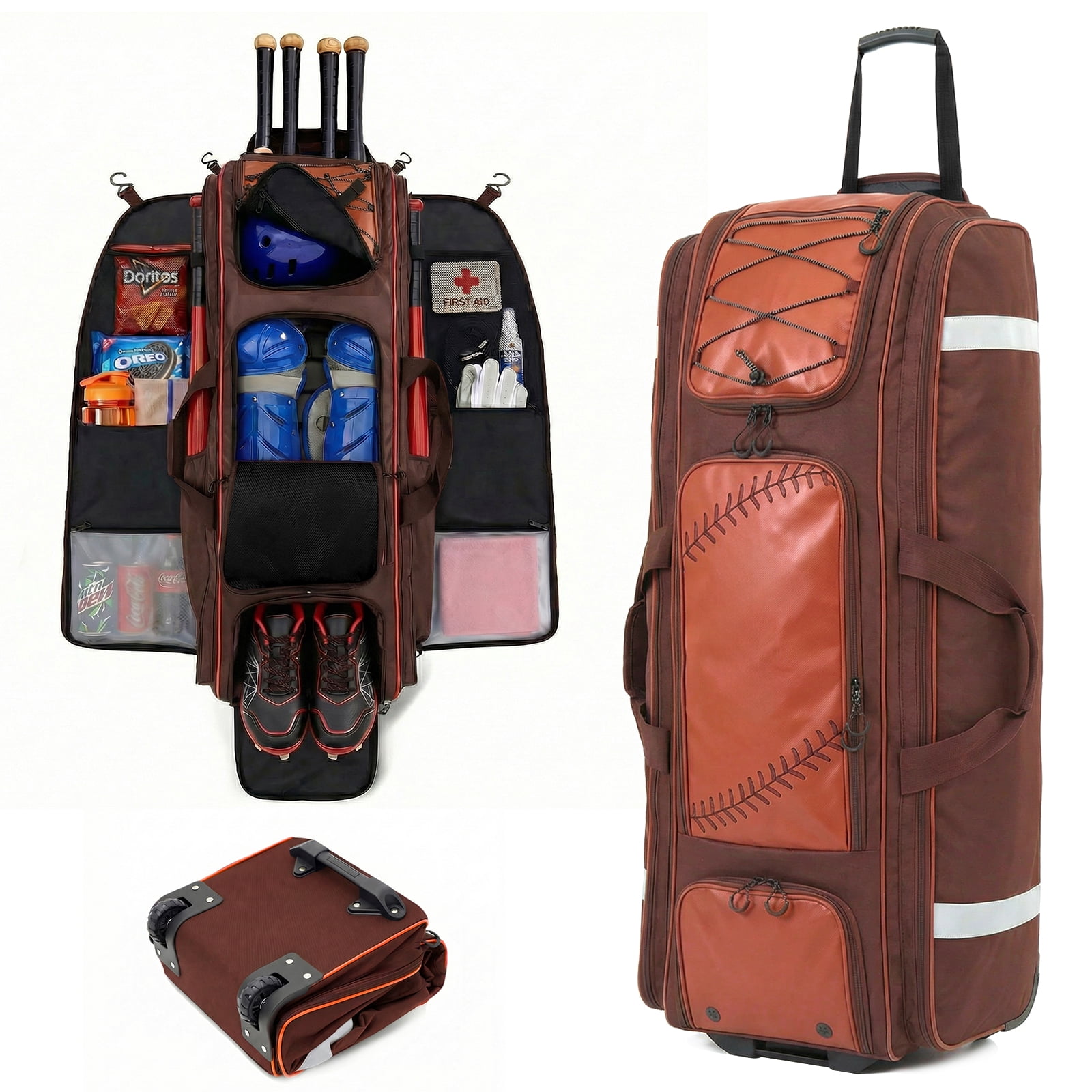 Fegat Rolling Baseball Bag, 100L Large Catcher Gear Bag Softball Bags with Wheels, Youth Equipment Bag Holds 8 Bats, Full Set, with Fence Hooks, Reflective Strip, Shoe Compartment