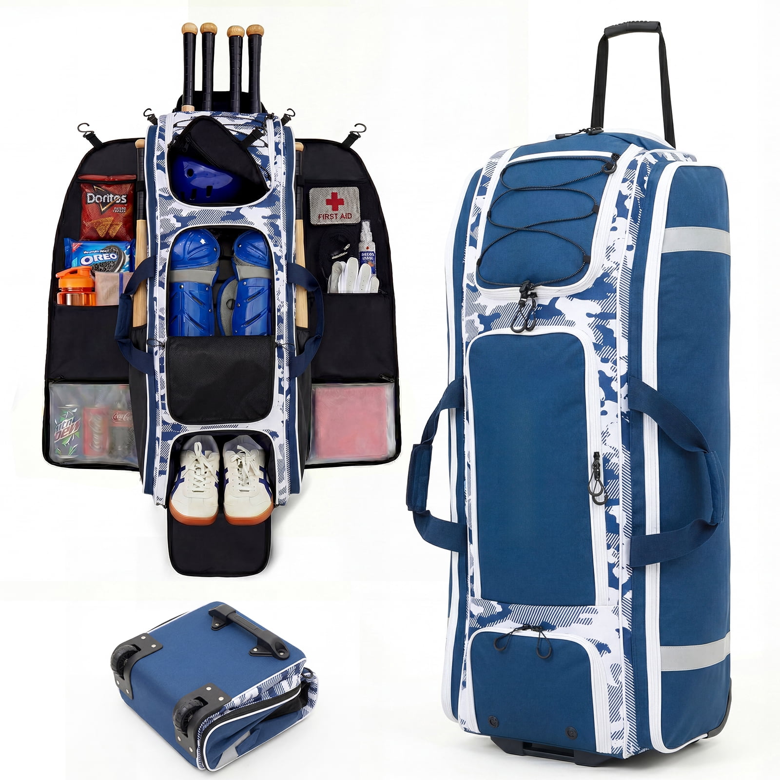 Fegat Rolling Baseball Bag, 100L Large Catcher Gear Bag Softball Bags with Wheels, Youth Equipment Bag Holds 8 Bats, Full Set, with Fence Hooks, Reflective Strip, Shoe Compartment