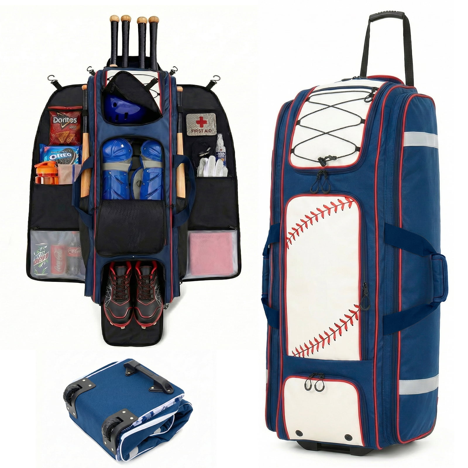 Fegat Rolling Baseball Bag, 100L Large Catcher Gear Bag Softball Bags with Wheels, Youth Equipment Bag Holds 8 Bats, Full Set, with Fence Hooks, Reflective Strip, Shoe Compartment