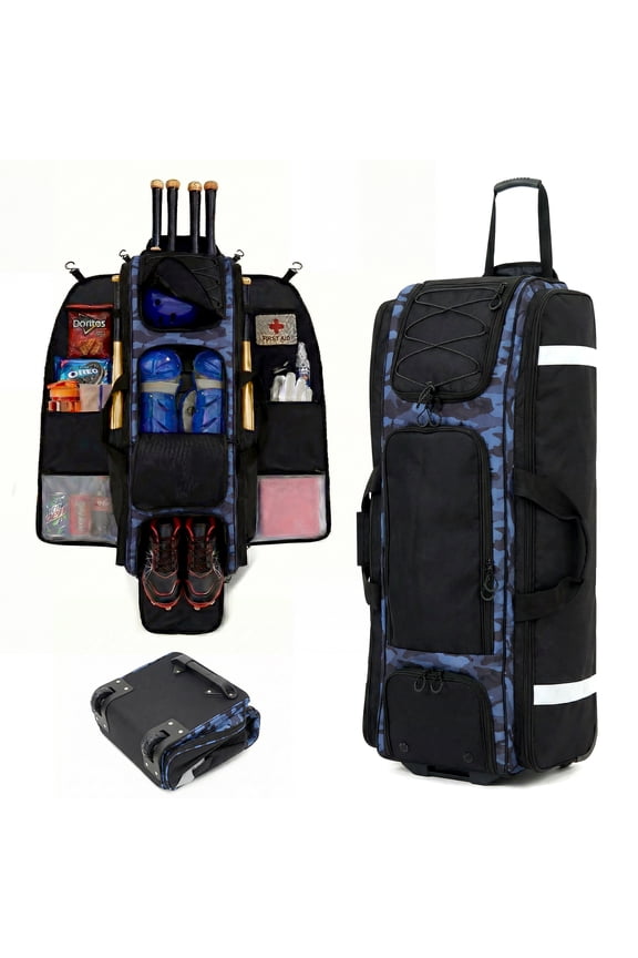 Rolling Baseball Bag, 100L Large Catcher Gear Bag Softball Bags with Wheels, Youth Equipment Bag Holds 8 Bats, Full Set, with Fence Hooks, Reflective Strip, Shoe Compartment