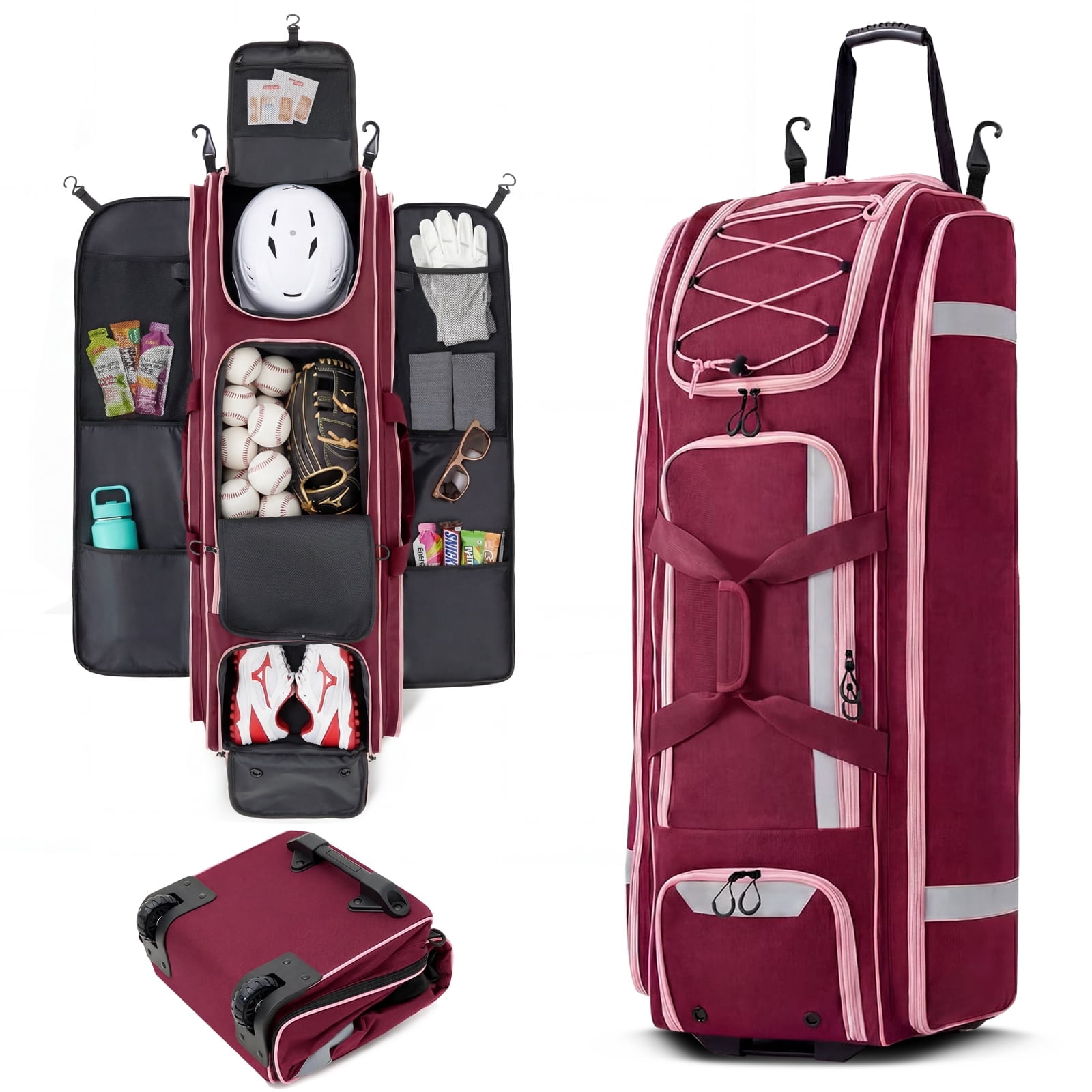 Fegat Rolling Baseball Bag with Wheels,100L Large Softball Bag Catchers Gear Bags for 8 Bats,Equipment Bag with 5 Fence Hooks,Reflective Strip,Shoe Compartment,Holds All Softball Baseball Equipment
