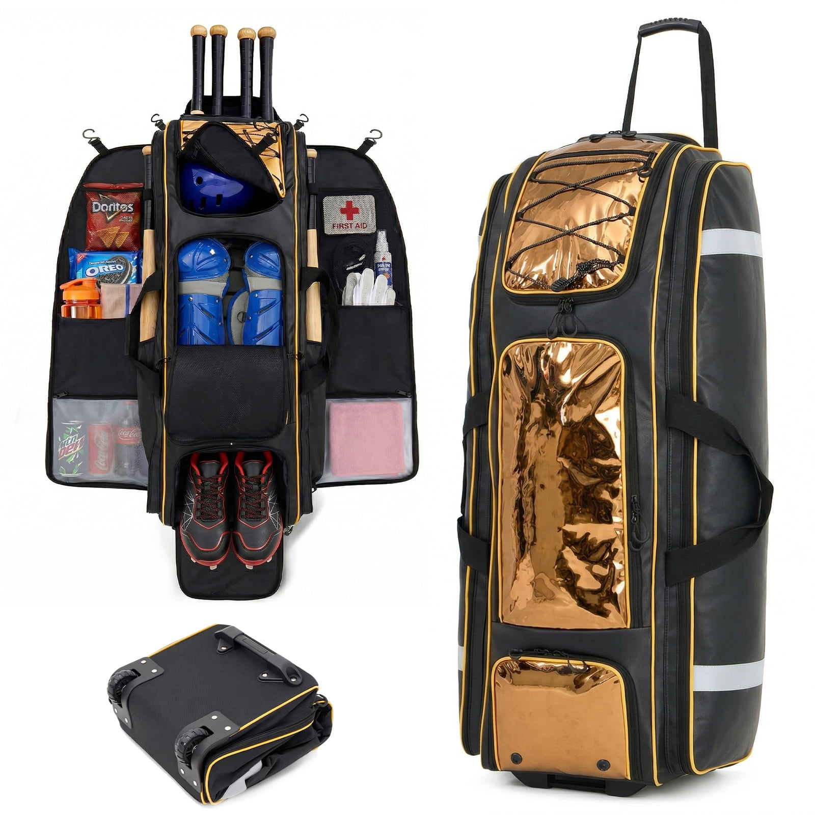 Fegat 100L Rolling Baseball Bag, Newly Catchers Gear Bag for Baseball Softball, Portable Waterproof Equipment Bag Holds 8 Bats, Stand-Up Base, Reflective Strip, Fence Hooks